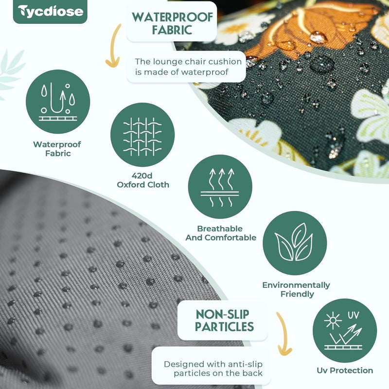 Tycdiose Outdoor Chaise Lounge Chair Cushion Waterproof 74.4 x 22 x 4.7 Inches Memory Foam Lounge Chair Cushions for Outdoor Furniture with Ties, Thickened Pool Lounge Chair Cushion, Green Floral - Image 4